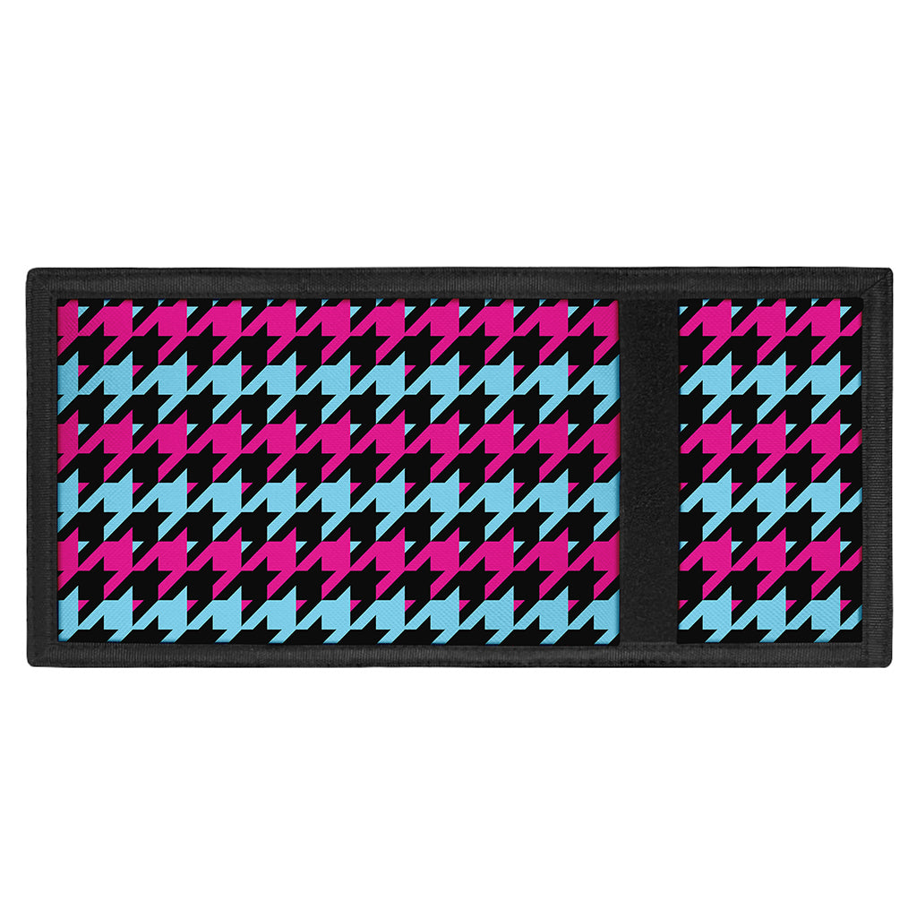 Pink Blue And Black Houndstooth Print Trifold Wallet