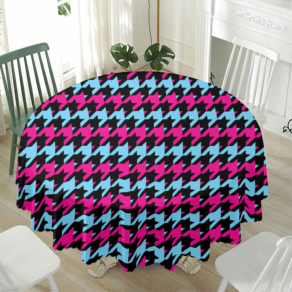 Pink Blue And Black Houndstooth Print Waterproof Round Tablecloth