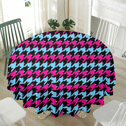 Pink Blue And Black Houndstooth Print Waterproof Round Tablecloth