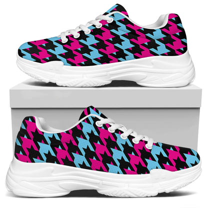 Pink Blue And Black Houndstooth Print White Chunky Shoes