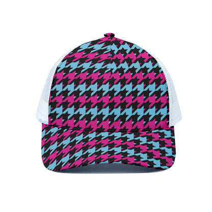 Pink Blue And Black Houndstooth Print White Mesh Trucker Cap