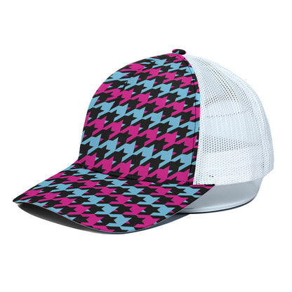 Pink Blue And Black Houndstooth Print White Mesh Trucker Cap