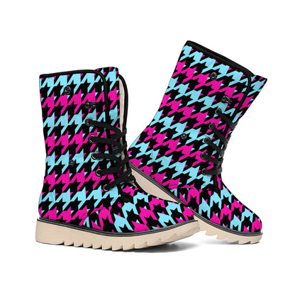 Pink Blue And Black Houndstooth Print Winter Boots