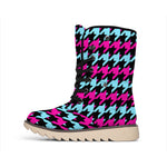 Pink Blue And Black Houndstooth Print Winter Boots