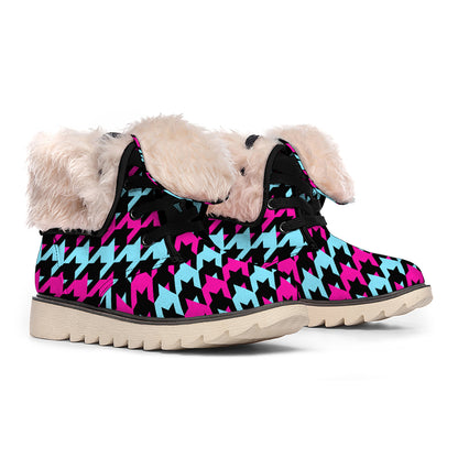 Pink Blue And Black Houndstooth Print Winter Boots