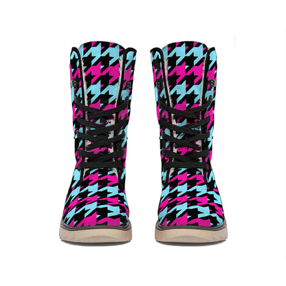 Pink Blue And Black Houndstooth Print Winter Boots