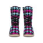 Pink Blue And Black Houndstooth Print Winter Boots