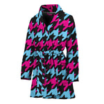Pink Blue And Black Houndstooth Print Women's Bathrobe