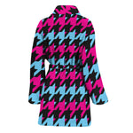 Pink Blue And Black Houndstooth Print Women's Bathrobe