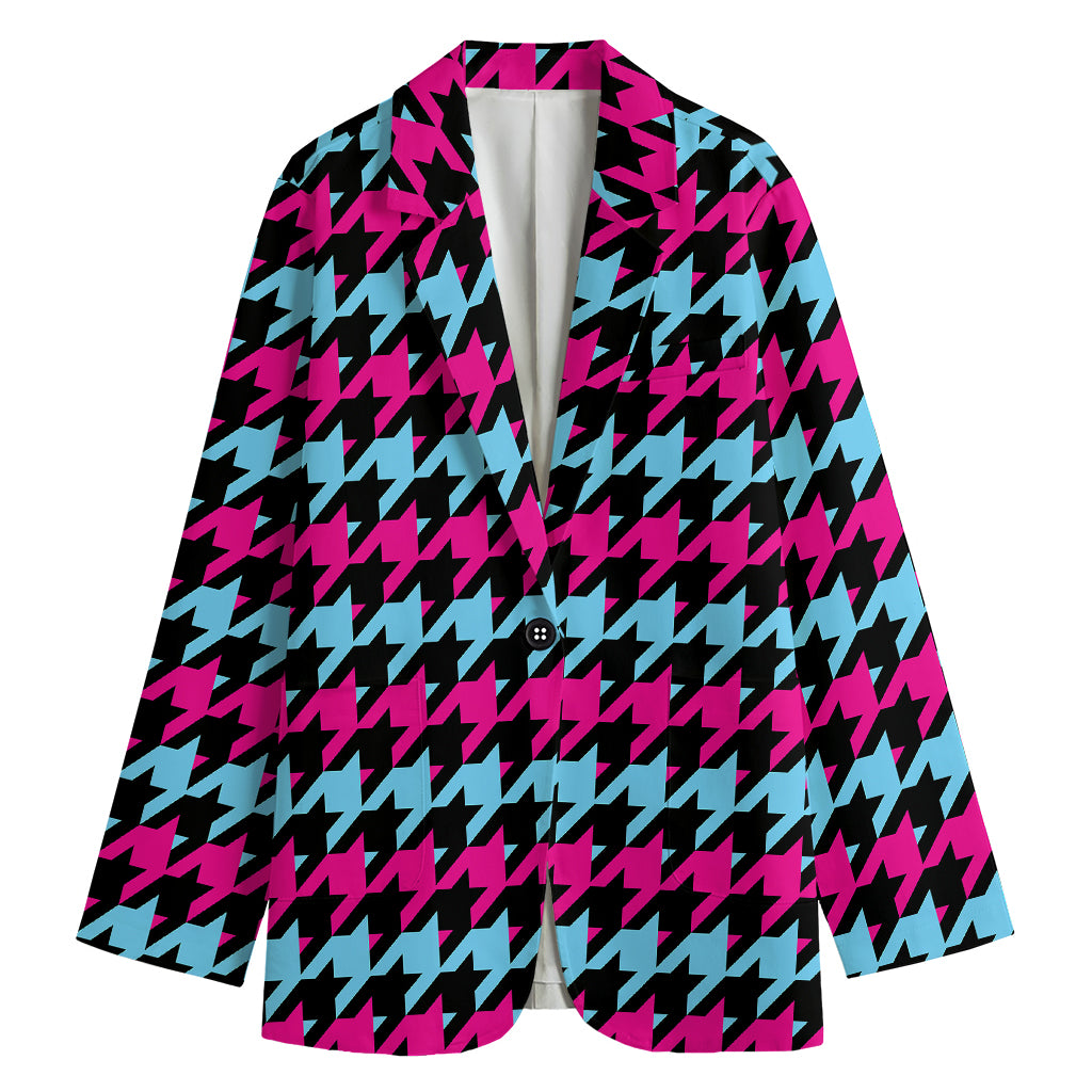 Pink Blue And Black Houndstooth Print Women's Blazer