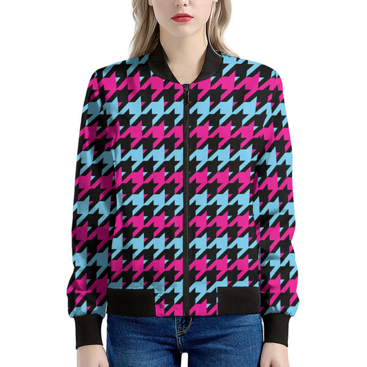 Pink Blue And Black Houndstooth Print Women's Bomber Jacket