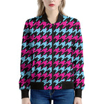 Pink Blue And Black Houndstooth Print Women's Bomber Jacket