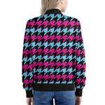 Pink Blue And Black Houndstooth Print Women's Bomber Jacket