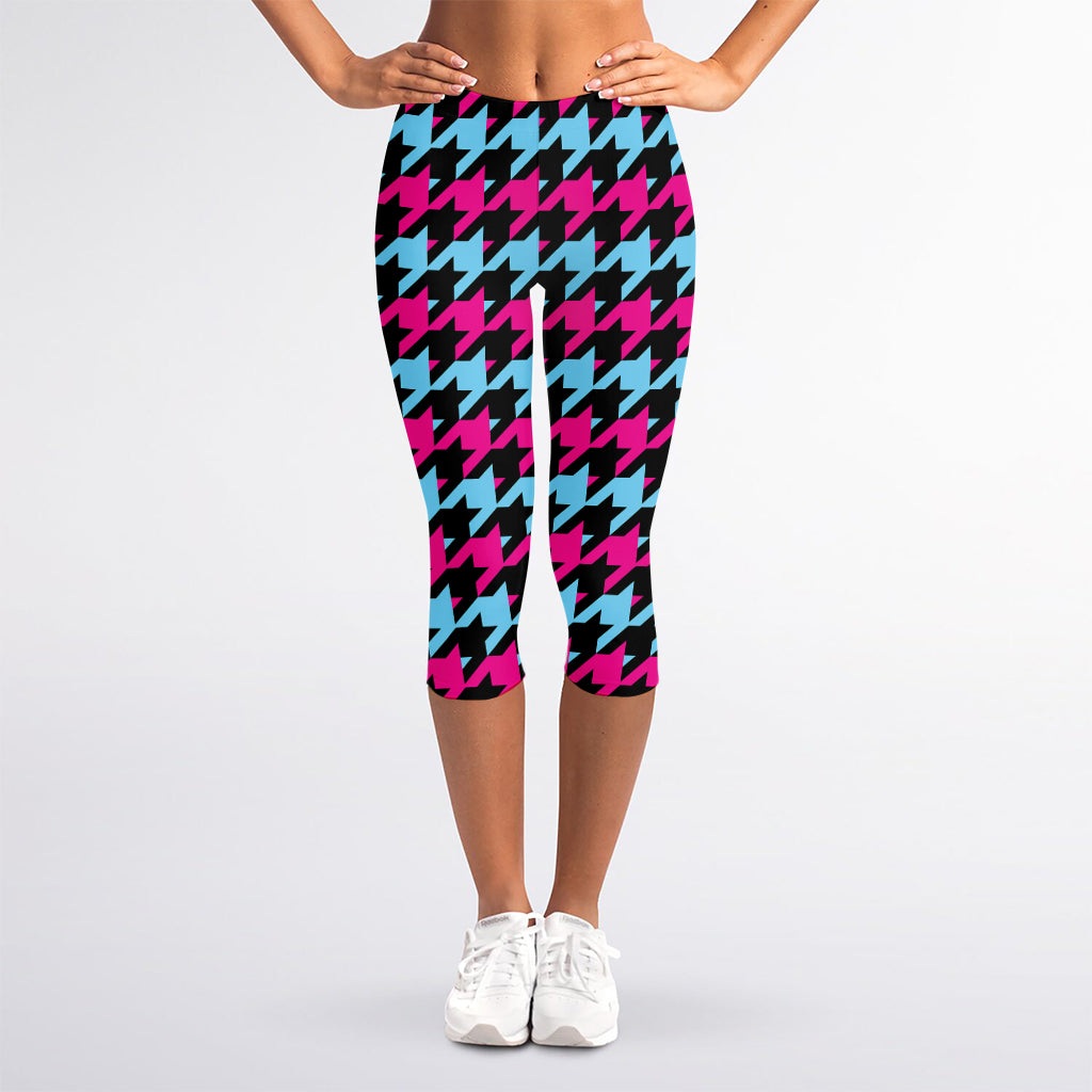 Pink Blue And Black Houndstooth Print Women's Capri Leggings