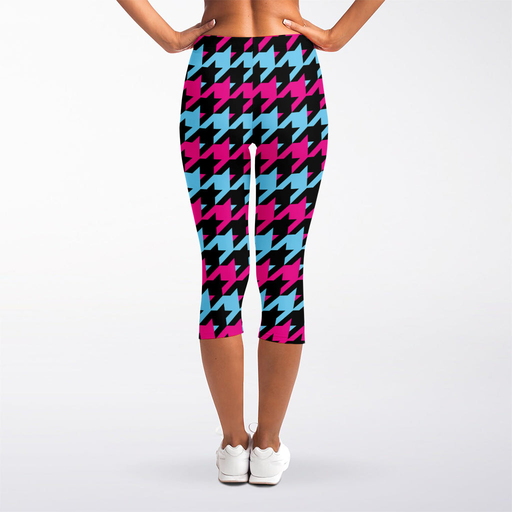 Pink Blue And Black Houndstooth Print Women's Capri Leggings