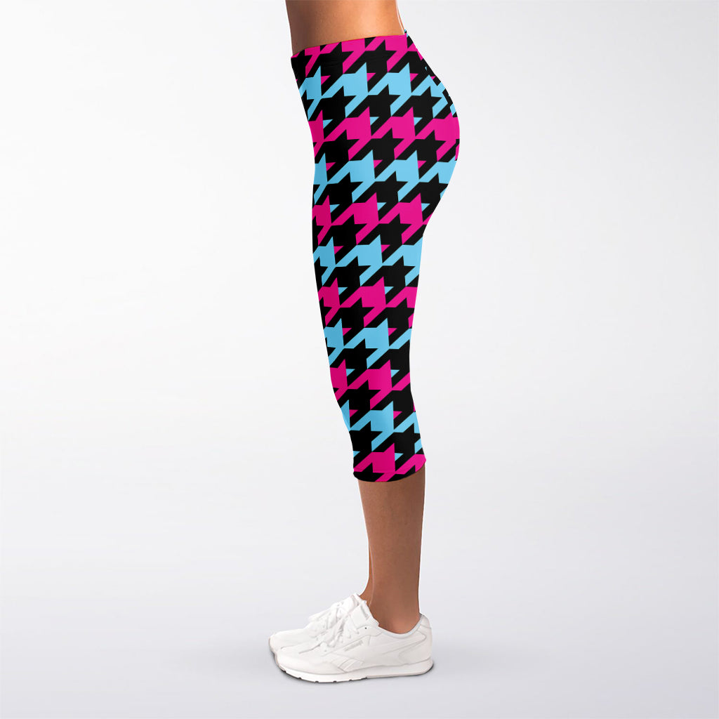 Pink Blue And Black Houndstooth Print Women's Capri Leggings