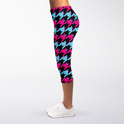 Pink Blue And Black Houndstooth Print Women's Capri Leggings
