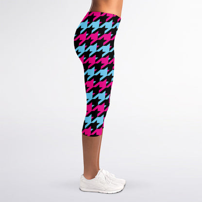 Pink Blue And Black Houndstooth Print Women's Capri Leggings