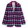 Pink Blue And Black Houndstooth Print Women's Cotton Blazer