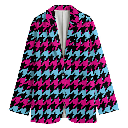 Pink Blue And Black Houndstooth Print Women's Cotton Blazer