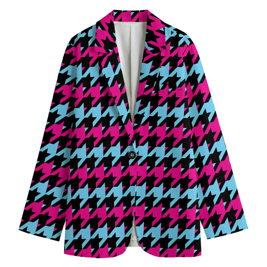 Pink Blue And Black Houndstooth Print Women's Cotton Blazer