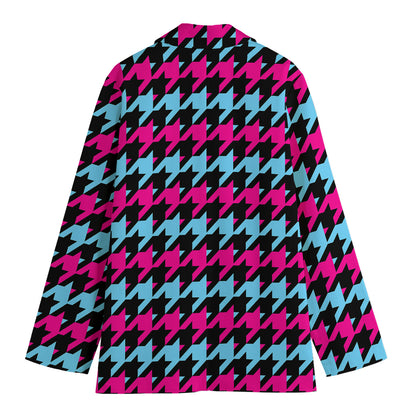 Pink Blue And Black Houndstooth Print Women's Cotton Blazer