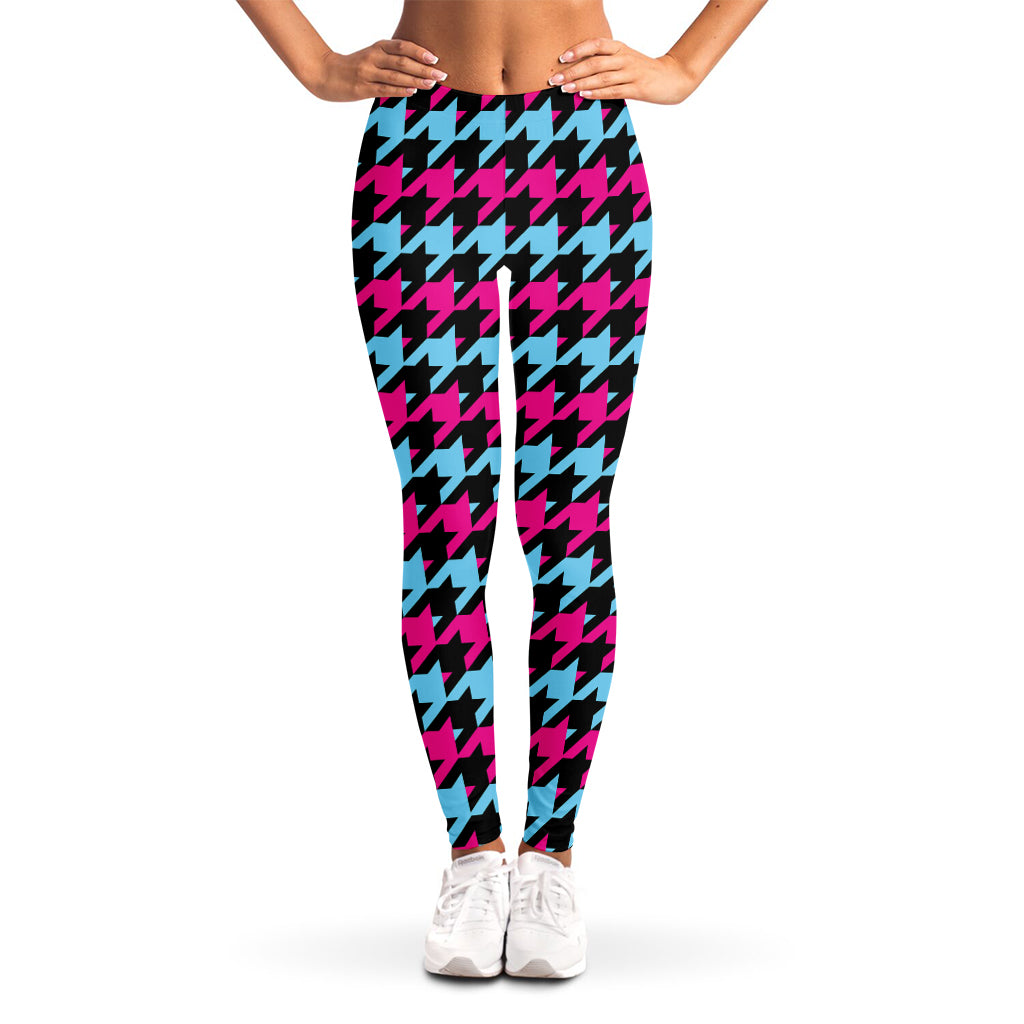 Pink Blue And Black Houndstooth Print Women's Leggings