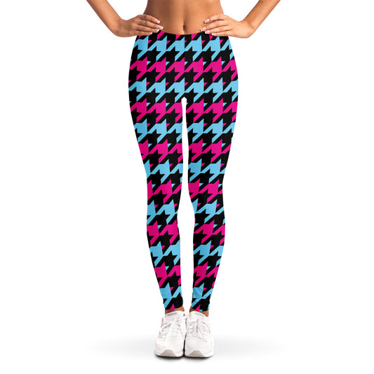 Pink Blue And Black Houndstooth Print Women's Leggings