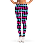 Pink Blue And Black Houndstooth Print Women's Leggings