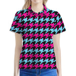Pink Blue And Black Houndstooth Print Women's Polo Shirt