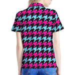Pink Blue And Black Houndstooth Print Women's Polo Shirt
