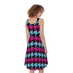Pink Blue And Black Houndstooth Print Women's Sleeveless Dress