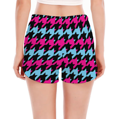 Pink Blue And Black Houndstooth Print Women's Split Running Shorts
