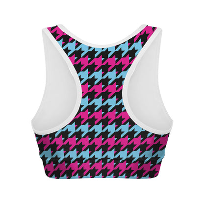 Pink Blue And Black Houndstooth Print Women's Sports Bra
