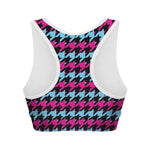 Pink Blue And Black Houndstooth Print Women's Sports Bra