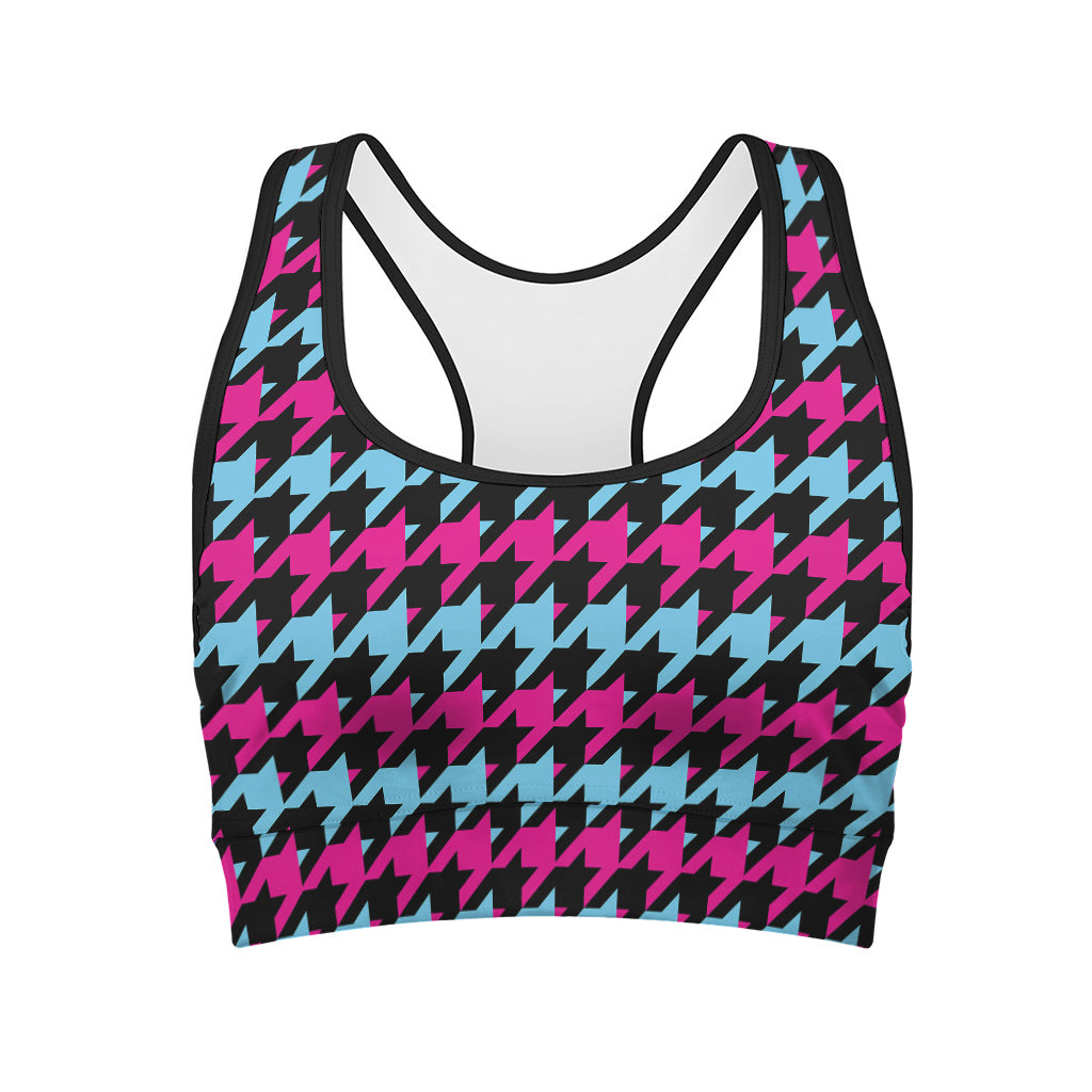 Pink Blue And Black Houndstooth Print Women's Sports Bra