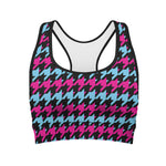 Pink Blue And Black Houndstooth Print Women's Sports Bra