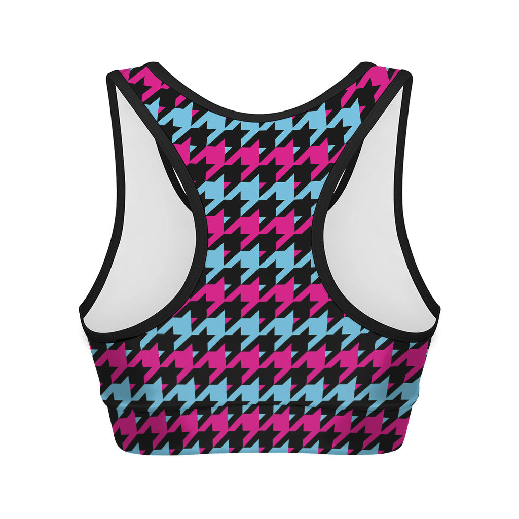 Pink Blue And Black Houndstooth Print Women's Sports Bra