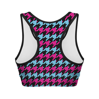 Pink Blue And Black Houndstooth Print Women's Sports Bra