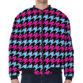 Pink Blue And Black Houndstooth Print Zip Sleeve Bomber Jacket