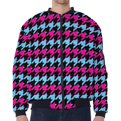 Pink Blue And Black Houndstooth Print Zip Sleeve Bomber Jacket