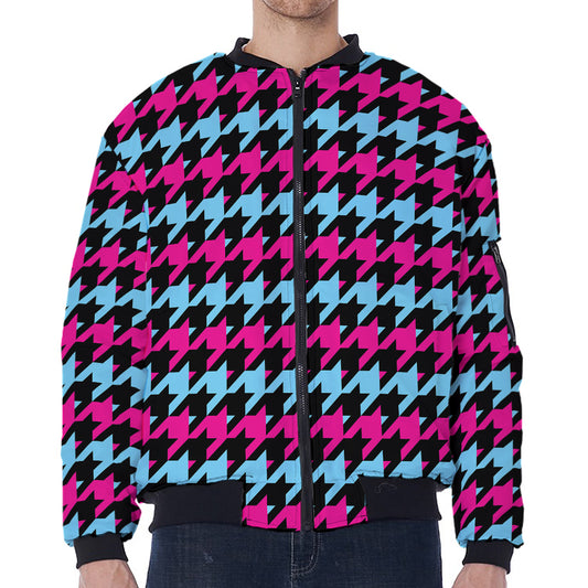 Pink Blue And Black Houndstooth Print Zip Sleeve Bomber Jacket
