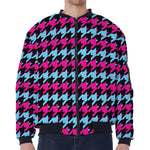 Pink Blue And Black Houndstooth Print Zip Sleeve Bomber Jacket