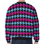 Pink Blue And Black Houndstooth Print Zip Sleeve Bomber Jacket