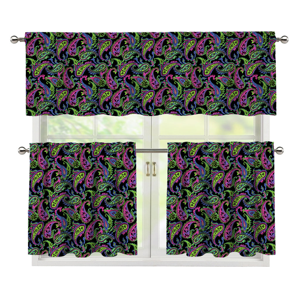 Pink Blue And Green Paisley Print 3 Piece Kitchen Curtains