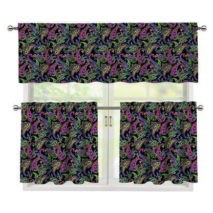 Pink Blue And Green Paisley Print 3 Piece Kitchen Curtains