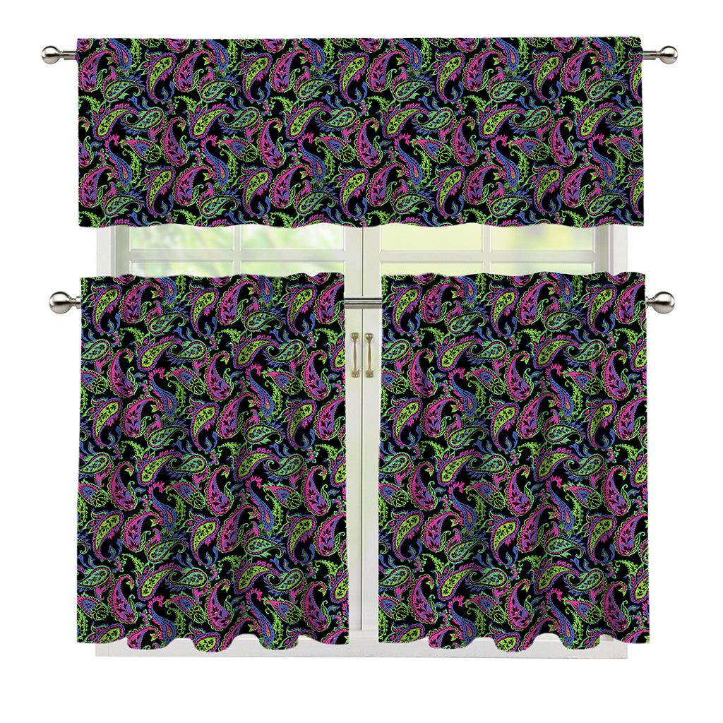 Pink Blue And Green Paisley Print 3 Piece Kitchen Curtains