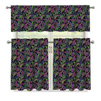 Pink Blue And Green Paisley Print 3 Piece Kitchen Curtains