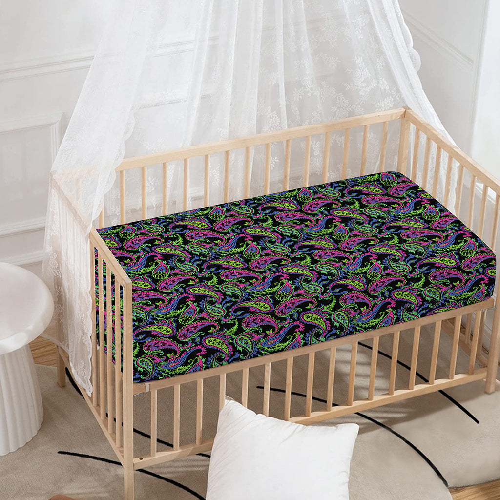 Pink Blue And Green Paisley Print Baby Crib Sheet