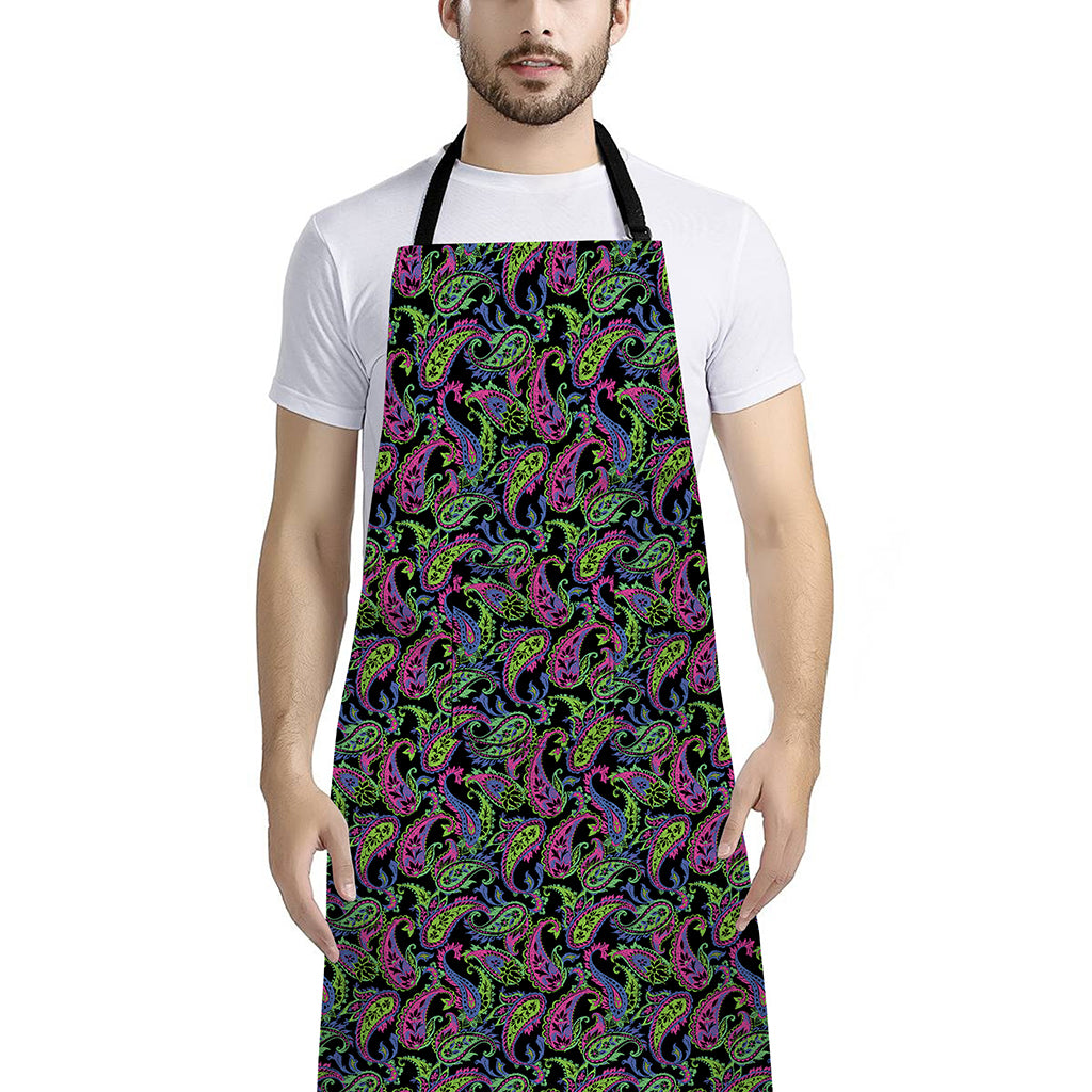 Pink Blue And Green Paisley Print Bib Apron With Pocket
